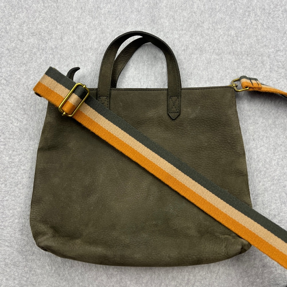Madewell Transport Tote Bag Olive Green Nubuck Leather Zip Top Striped Crossbody